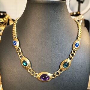 *RARE* Trifari Gold Plated Necklace with Blue, Green and Purple Cabochon 17in